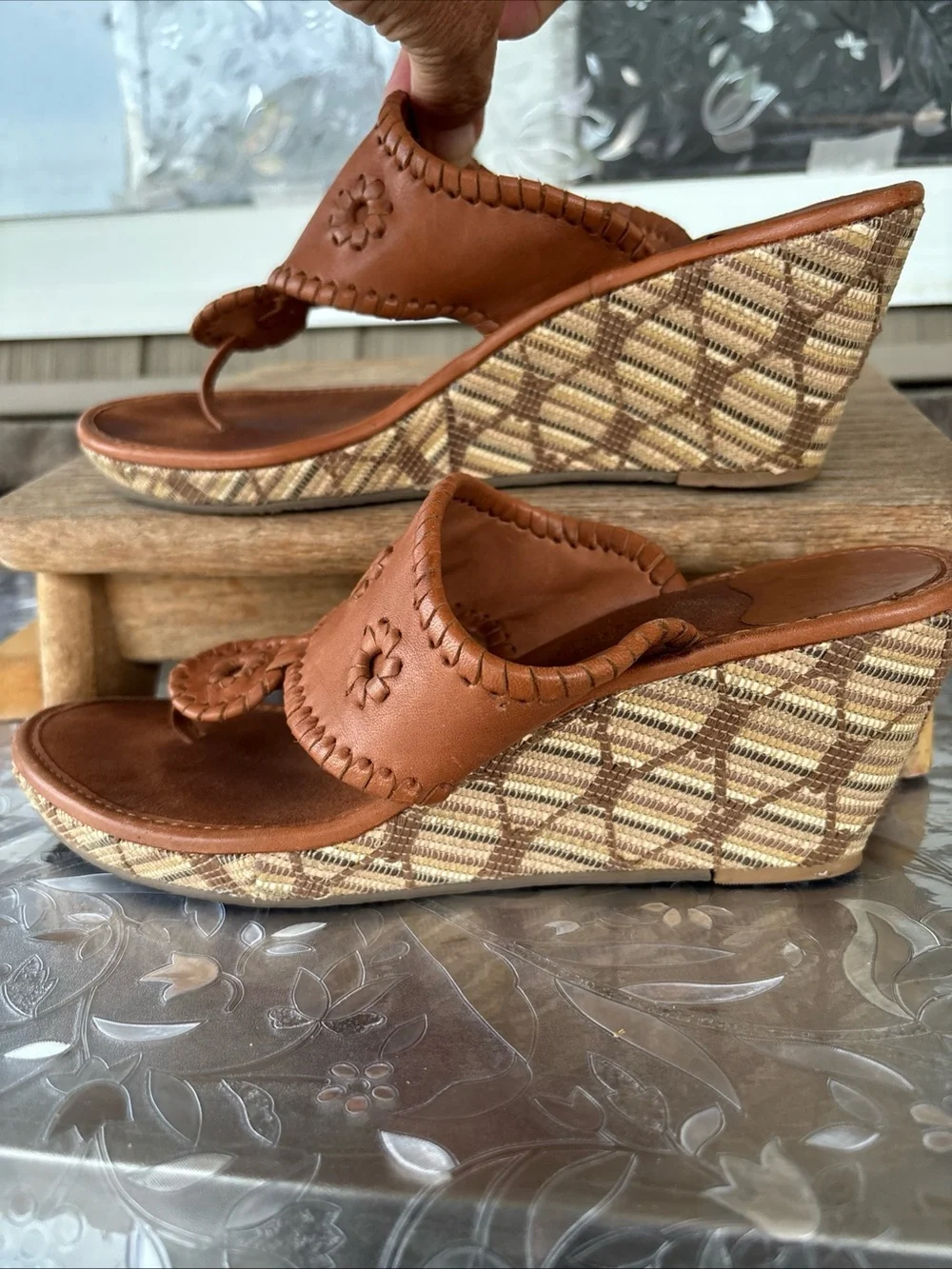Jack Rogers Cognac Leather Wedge Thong Sandals Women’s 10